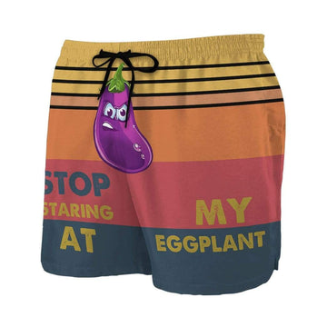 Gearhumans 3D Stop staring at my eggplant Custom Beach Shorts Swim Trunks