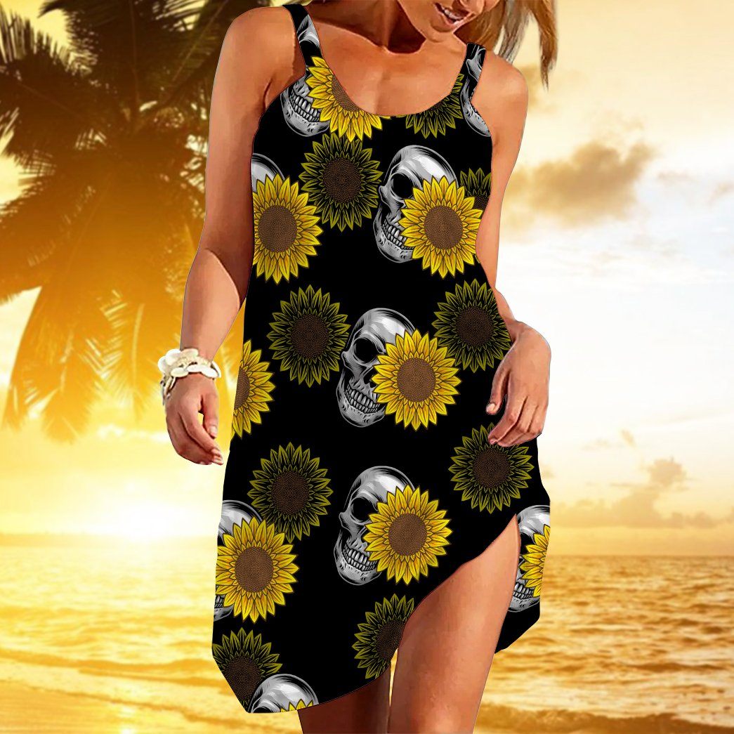 Gearhumans 3D Sunflower Skulls Custom Beach Dress GW2406214 Beach Dress 