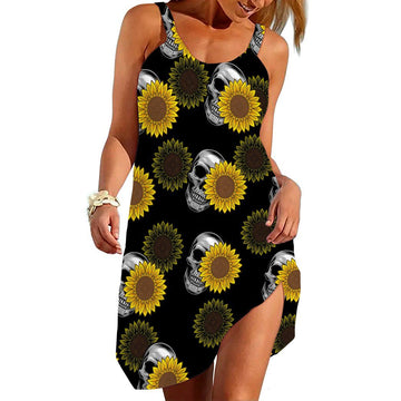 Gearhumans 3D Sunflower Skulls Custom Beach Dress GW2406214 Beach Dress Beach Dress S 