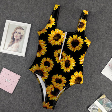 Gearhumans 3D Sunflowers In Black Custom Swimsuit GO03062118 One-piece Swimsuit One-piece Swimsuit S 