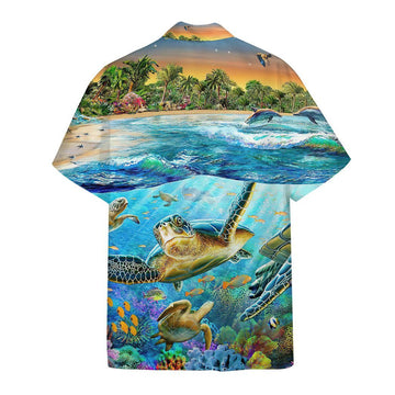 Gearhumans 3D Sunrise Sea Turtle Swimming Among Coral Reefs Custom Hawaii Shirt