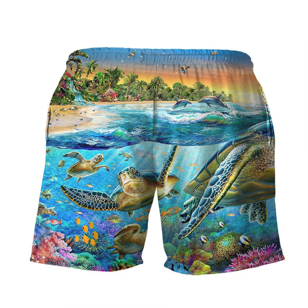 Gearhumans 3D Sunrise Sea Turtle Swimming Among Coral Reefs Custom Men Short GS08072127 Men Shorts 