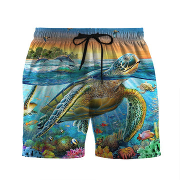 Gearhumans 3D Sunrise Sea Turtle Swimming Among Coral Reefs Custom Men Short