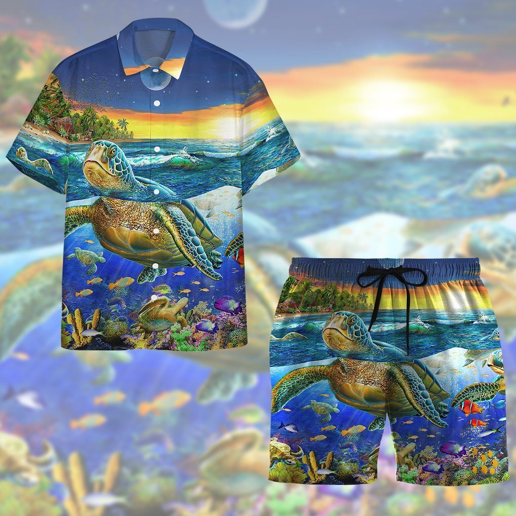 Gearhumans 3D Sunset Sea Turtle Swimming Among Coral Reefs Custom Hawaii Shirt GS08072128 Hawai Shirt 