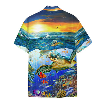 Gearhumans 3D Sunset Sea Turtle Swimming Among Coral Reefs Custom Hawaii Shirt