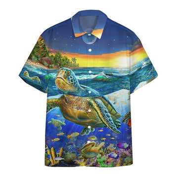 Gearhumans 3D Sunset Sea Turtle Swimming Among Coral Reefs Custom Hawaii Shirt