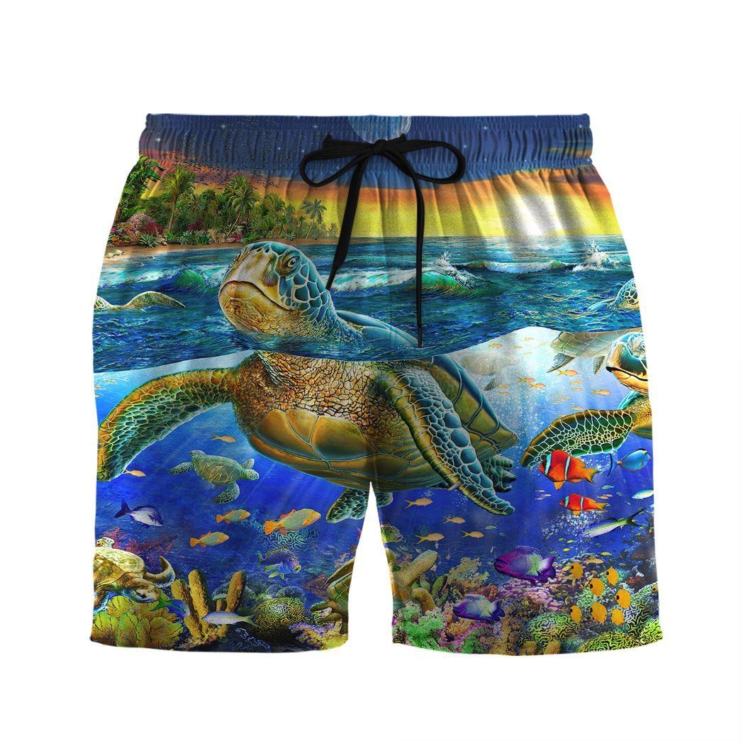 Gearhumans 3D Sunset Sea Turtle Swimming Among Coral Reefs Custom Hawaii Shirt GS08072128 Hawai Shirt Men Shorts S 