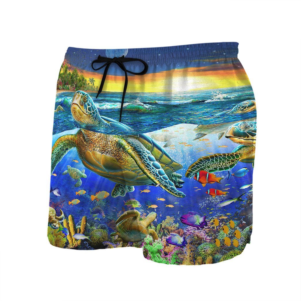 Gearhumans 3D Sunset Sea Turtle Swimming Among Coral Reefs Custom Men Short GS08072129 Men Shorts 