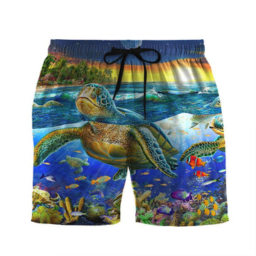 Gearhumans 3D Sunset Sea Turtle Swimming Among Coral Reefs Custom Men Short GS08072129 Men Shorts Men Shorts S 