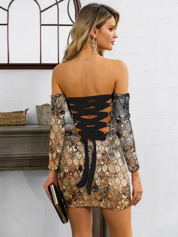 Gearhumans 3D The Gorgeous Dark Gold Star Of The Party Custom Off Shoulder Bandage Dress