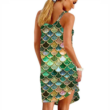 Gearhumans 3D The Most Green And Gold Sparkle Mermaid Tail In The Ocean Custom Sleeveless Beach Dress