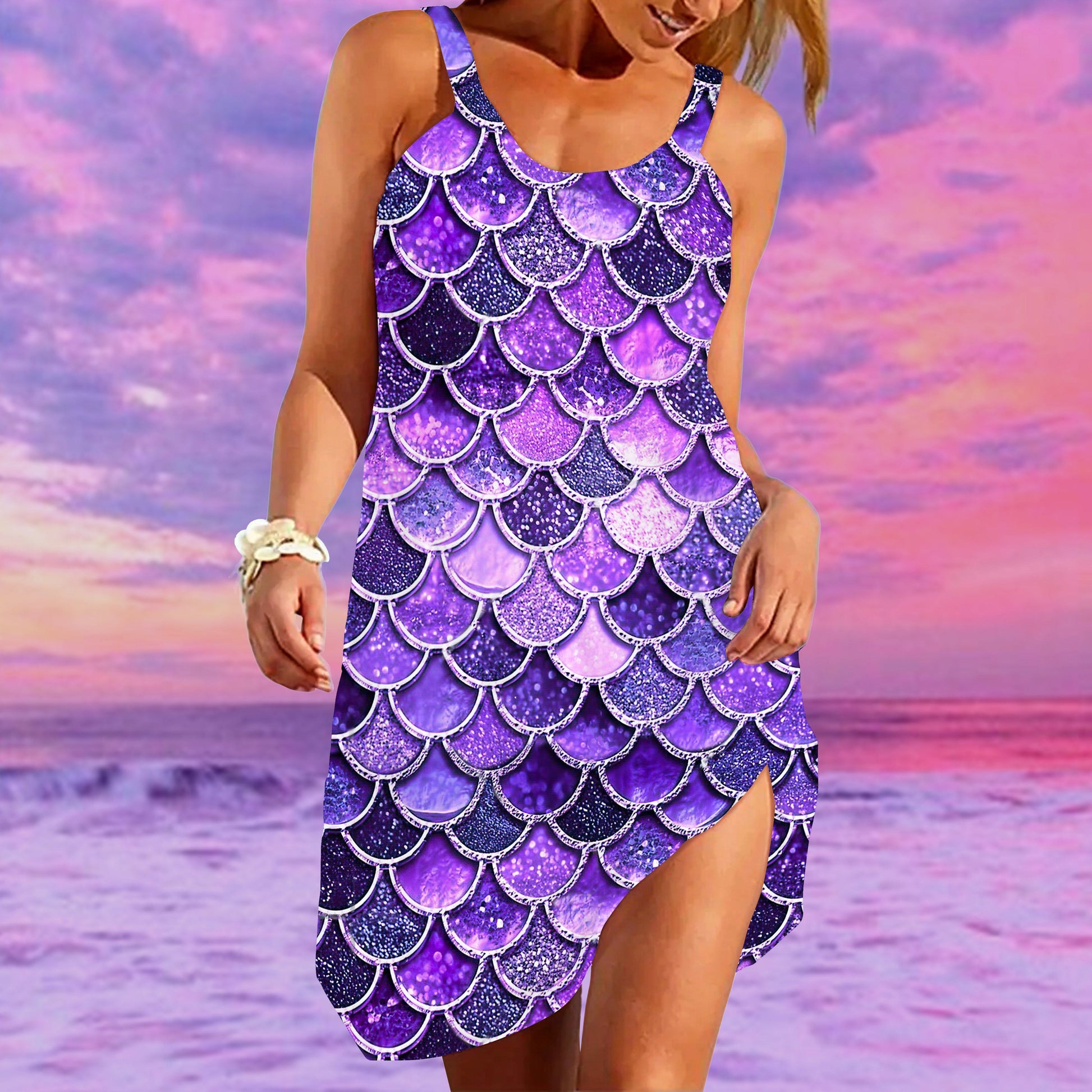 Gearhumans 3D The Most Ultra Violet Sparkle Mermaid Tail In The Ocean Custom Sleeveless Beach Dress GO14062110 Beach Dress 