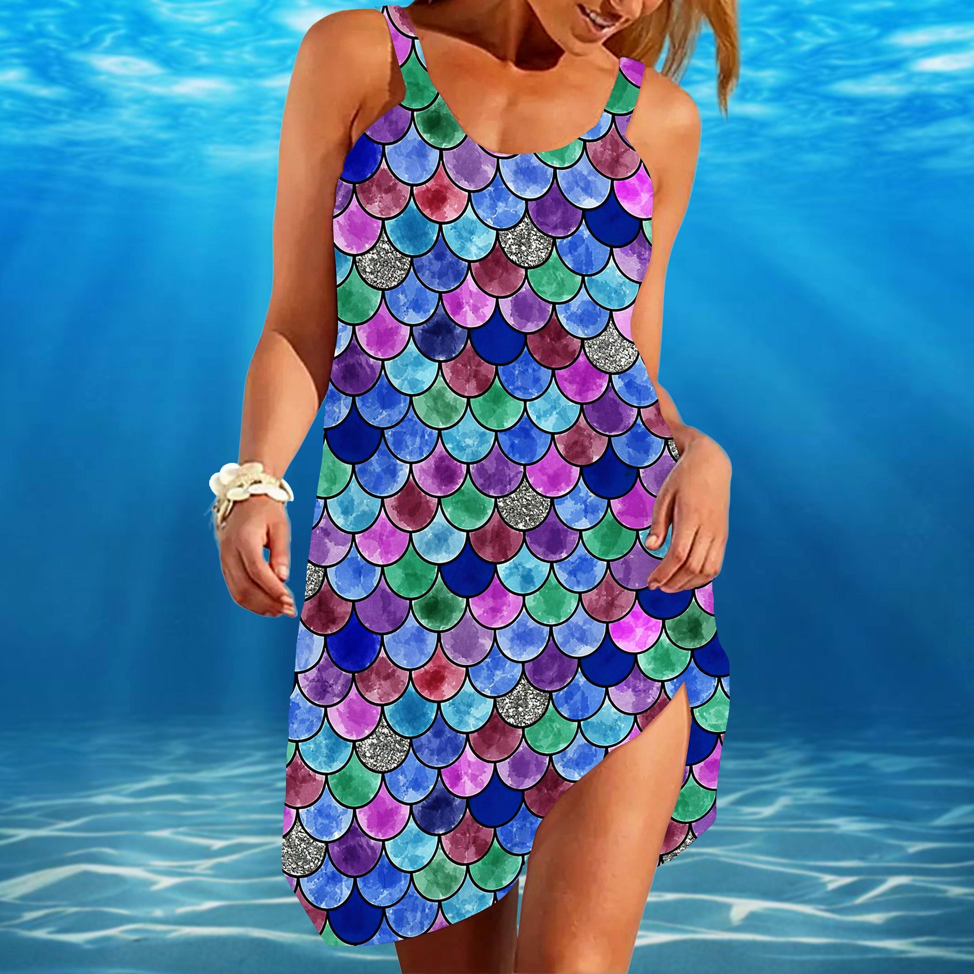 Gearhumans 3D The Rainbow Fish Tail Custom Sleeveless Beach Dress GO15062117 Beach Dress 