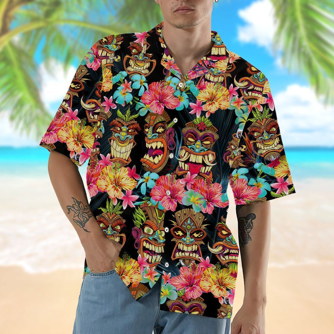 Gearhumans 3D Tiki Head Hawaii Shirt ZZ14041 Hawai Shirt 