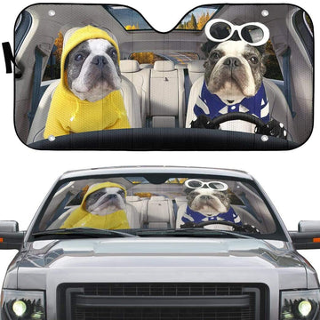 Gearhumans 3D Two Cool French Bulldog In Car Custom Car Auto Sunshade