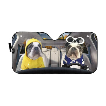 Gearhumans 3D Two Cool French Bulldog In Car Custom Car Auto Sunshade