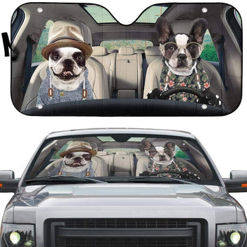 Gearhumans 3D Two Couple Love Bulldogs In Car Custom Car Auto Sunshade