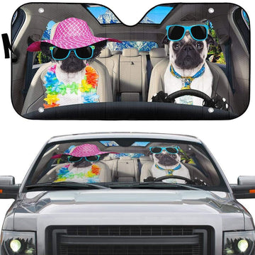 Gearhumans 3D Two Pug Dogs Go To The Beach Custom Car Auto Sunshade