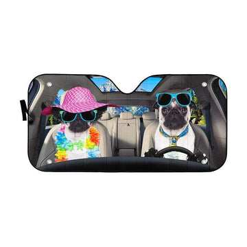 Gearhumans 3D Two Pug Dogs Go To The Beach Custom Car Auto Sunshade