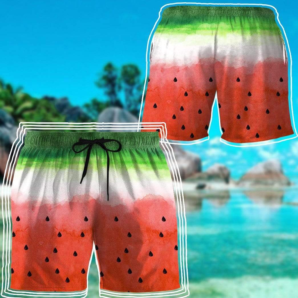 Gearhumans 3D Watermelon Custom Beach Shorts Swim Trunk, Men Shorts / M Mens Swimwear, Short Pants, Swim Trunks