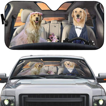 Gearhumans 3D Wedding Golden Retriever Dogs Custom Car Auto Sunshade