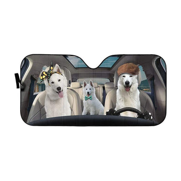 Gearhumans 3D White Shepherd Dogs Custom Car Auto Sunshade