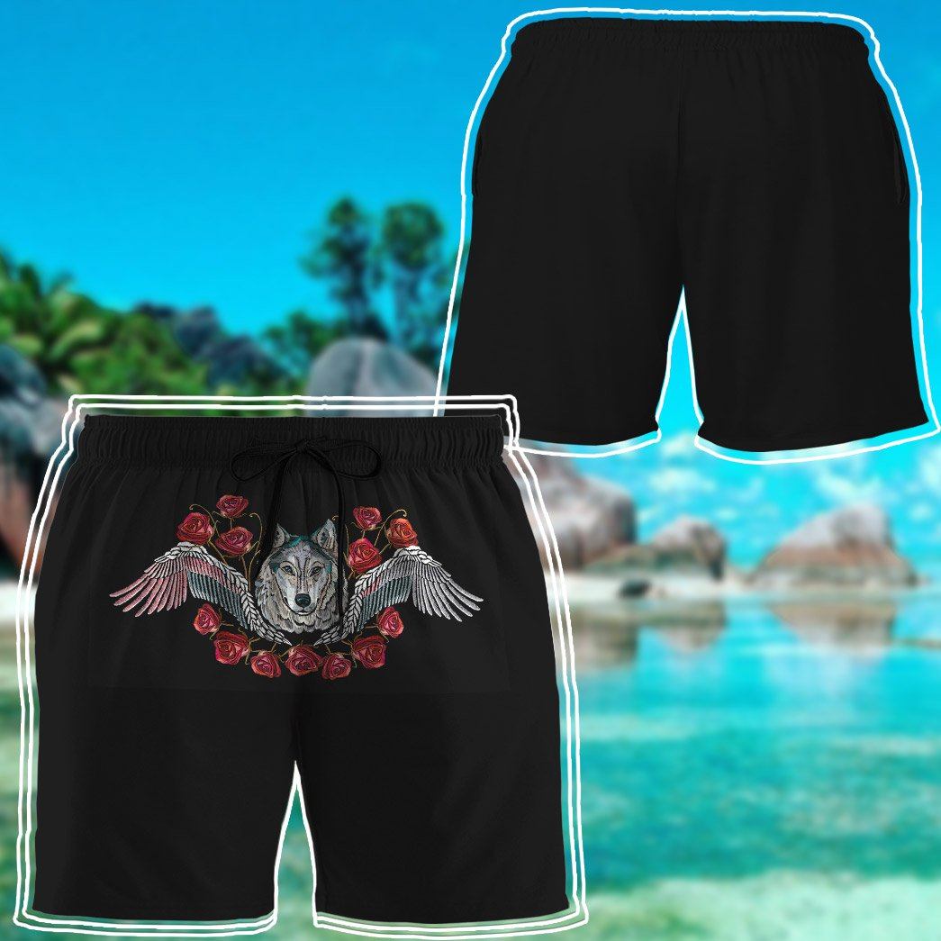 Gearhumans 3D Wolf Head Red Roses And Wings Custom Beach Shorts Swim Trunks GO10052118 Men Shorts 
