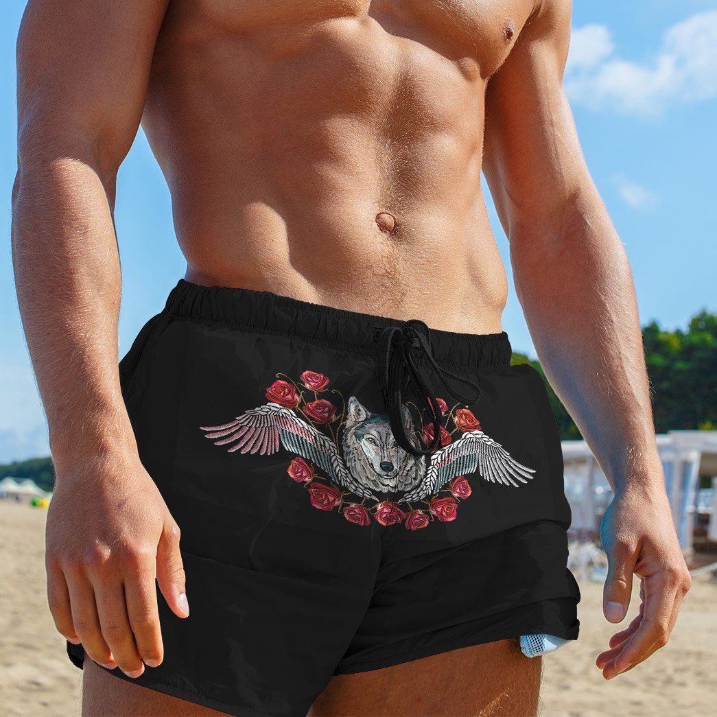 Gearhumans 3D Wolf Head Red Roses And Wings Custom Beach Shorts Swim Trunks GO10052118 Men Shorts 