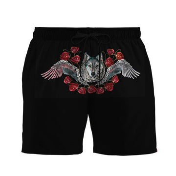 Gearhumans 3D Wolf Head Red Roses And Wings Custom Beach Shorts Swim Trunks