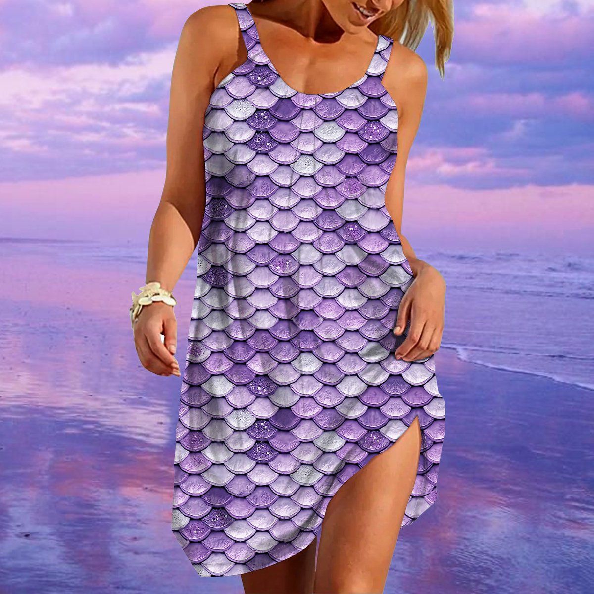 Gearhumans 3D You Are Mermazing With Violet Tail Custom Sleeveless Beach Dress GO21062113 Beach Dress 