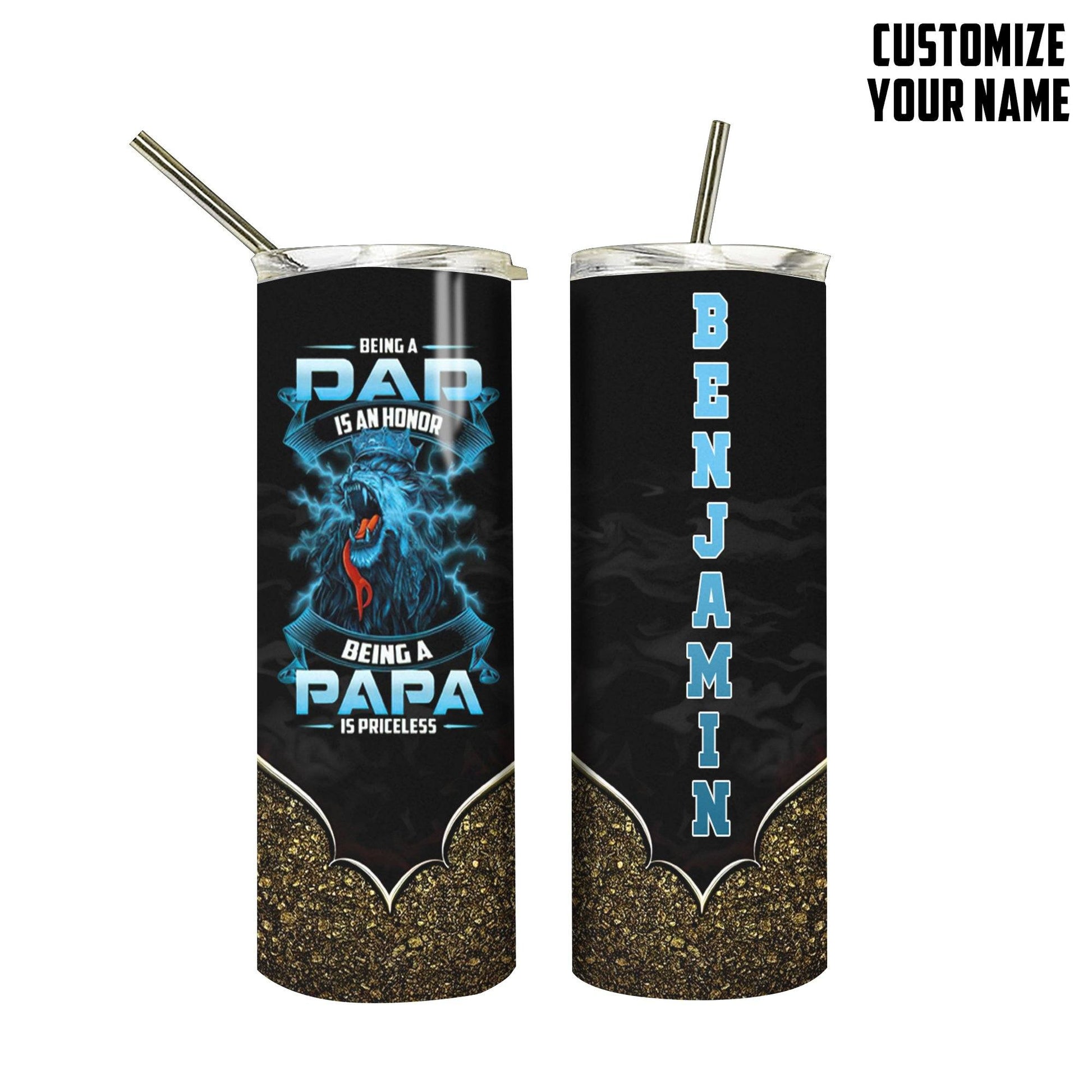Gearhumans [Best Gift For Father's Day] Gearhuman 3D Being A Papa Is Priceless Lion Fathers Day Gift Custom Name Design Insulated Vacuum Tumbler GW220312 Tumbler Long 20oz