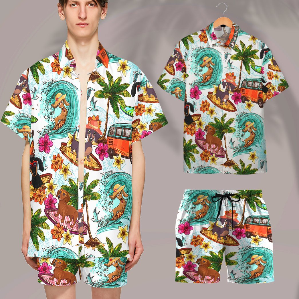 Gearhumans Enjoy Surfing With Dachshund Dog Custom Short Sleeve Shirt GS0306213 Hawai Shirt 