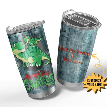 Gearhumans 3D Daddy and Baby Saurus Custom Name Design Vacuum Insulated Tumbler