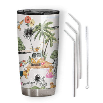 Gearhumans 3D Golden Retriever Hawaii Beach Retro Custom Design Vacuum Insulated Tumbler