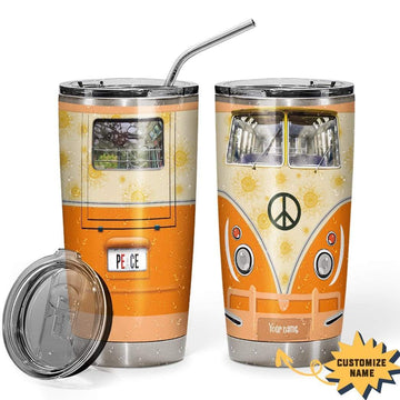 Gearhumans 3D Hippie Orange Peace Vw Bus with Golden Retriever Glitter Custom Name Design Vacuum Insulated Tumbler