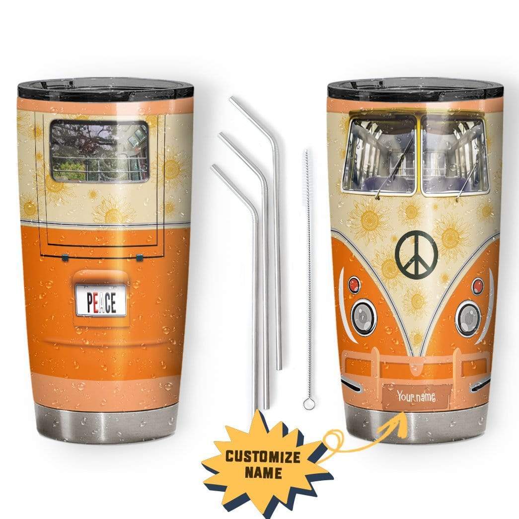 Gearhumans Gearhuman 3D Hippie Orange Peace Vw Bus with Golden Retriever Glitter Custom Name Design Vacuum Insulated Tumbler GL03062 Glitter Tumbler