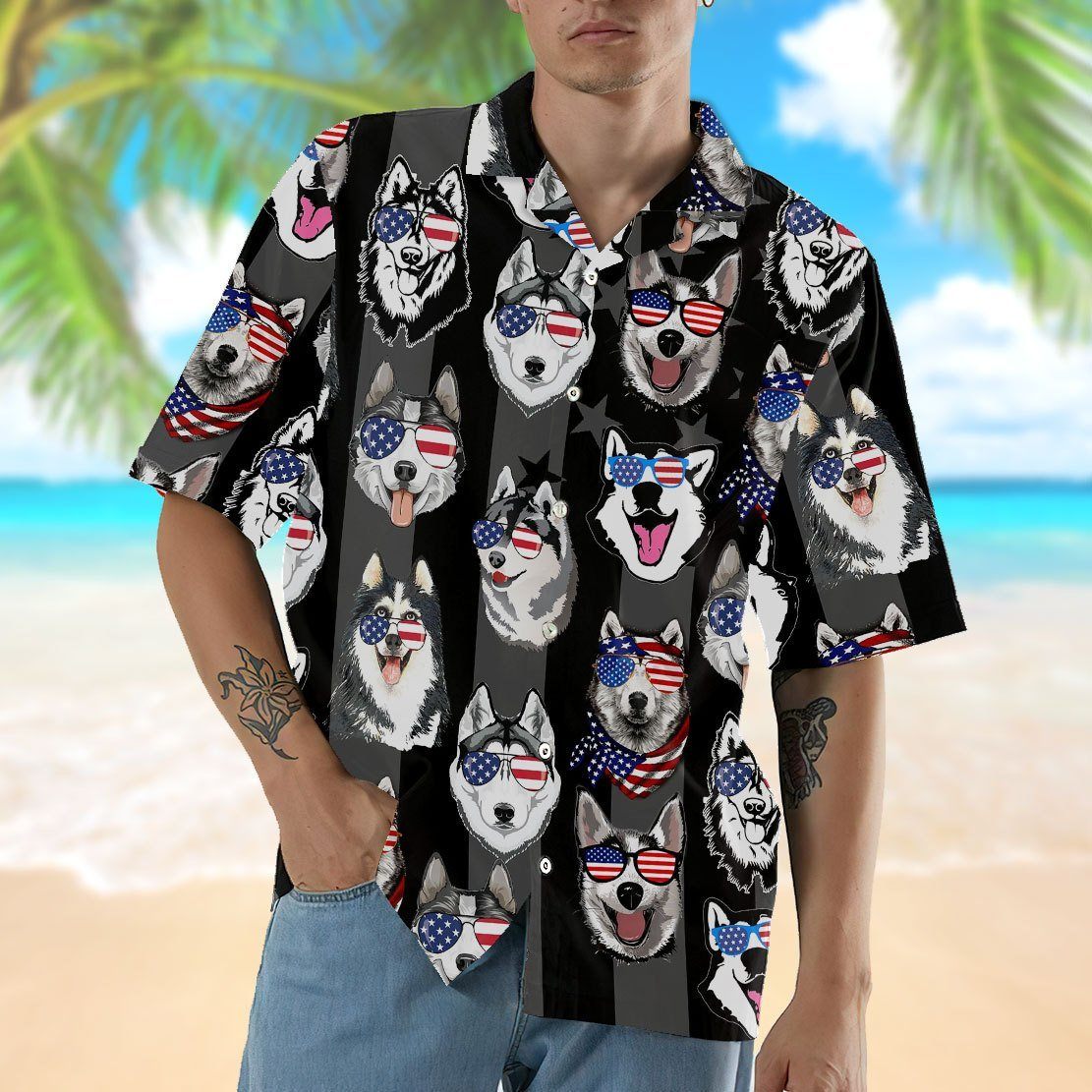 Gearhumans GEARHUMAN 3D Husky American Flag Hawaii Shirt ZZ2304211 Hawai Shirt 