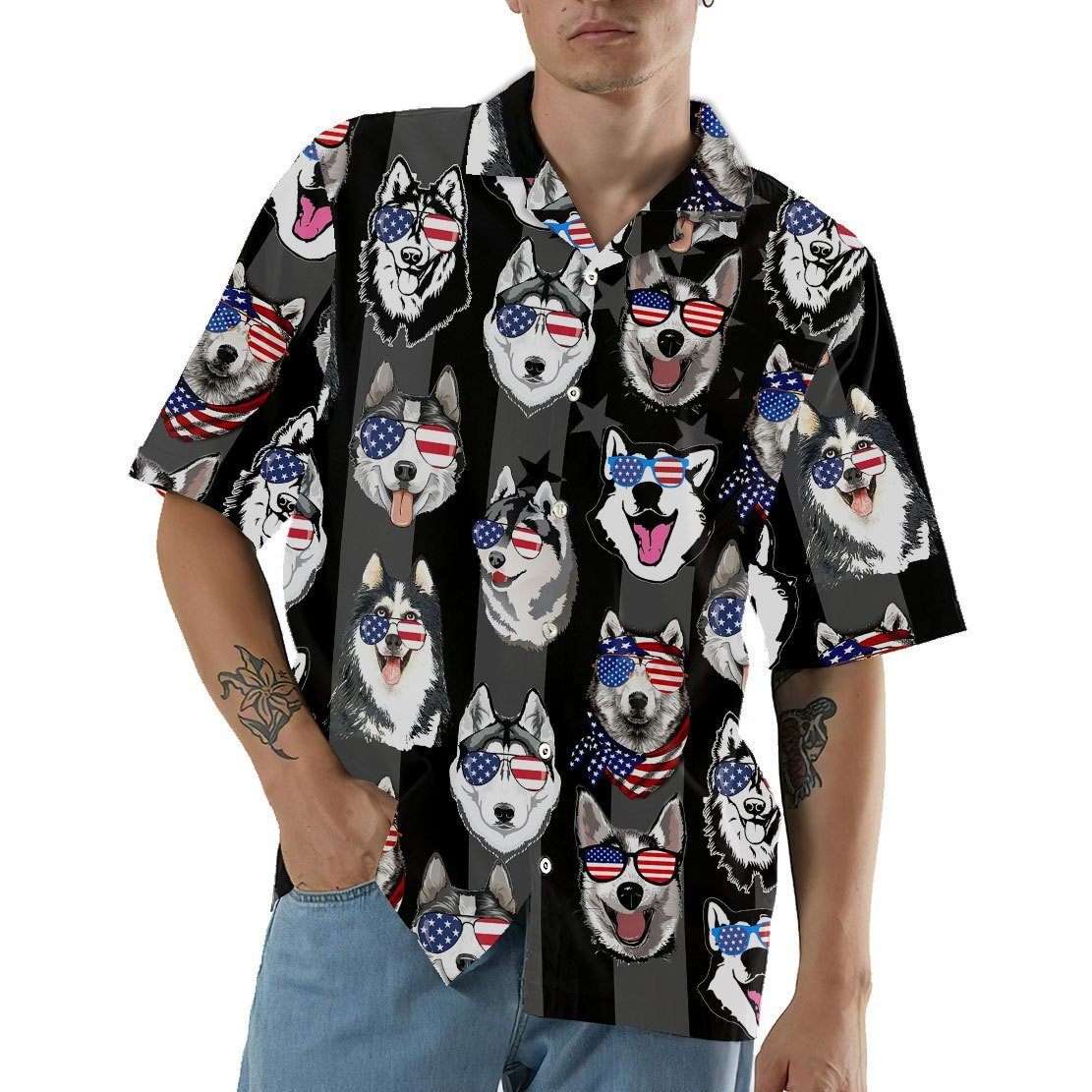 Gearhumans GEARHUMAN 3D Husky American Flag Hawaii Shirt ZZ2304211 Hawai Shirt 