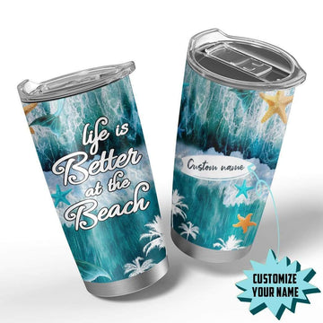 Gearhumans 3D Life Is Better At The Beach Custom Name Design Vacuum Insulated Glitter Tumbler