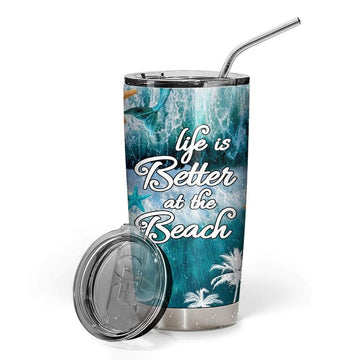 Gearhumans 3D Life Is Better At The Beach Custom Name Design Vacuum Insulated Glitter Tumbler