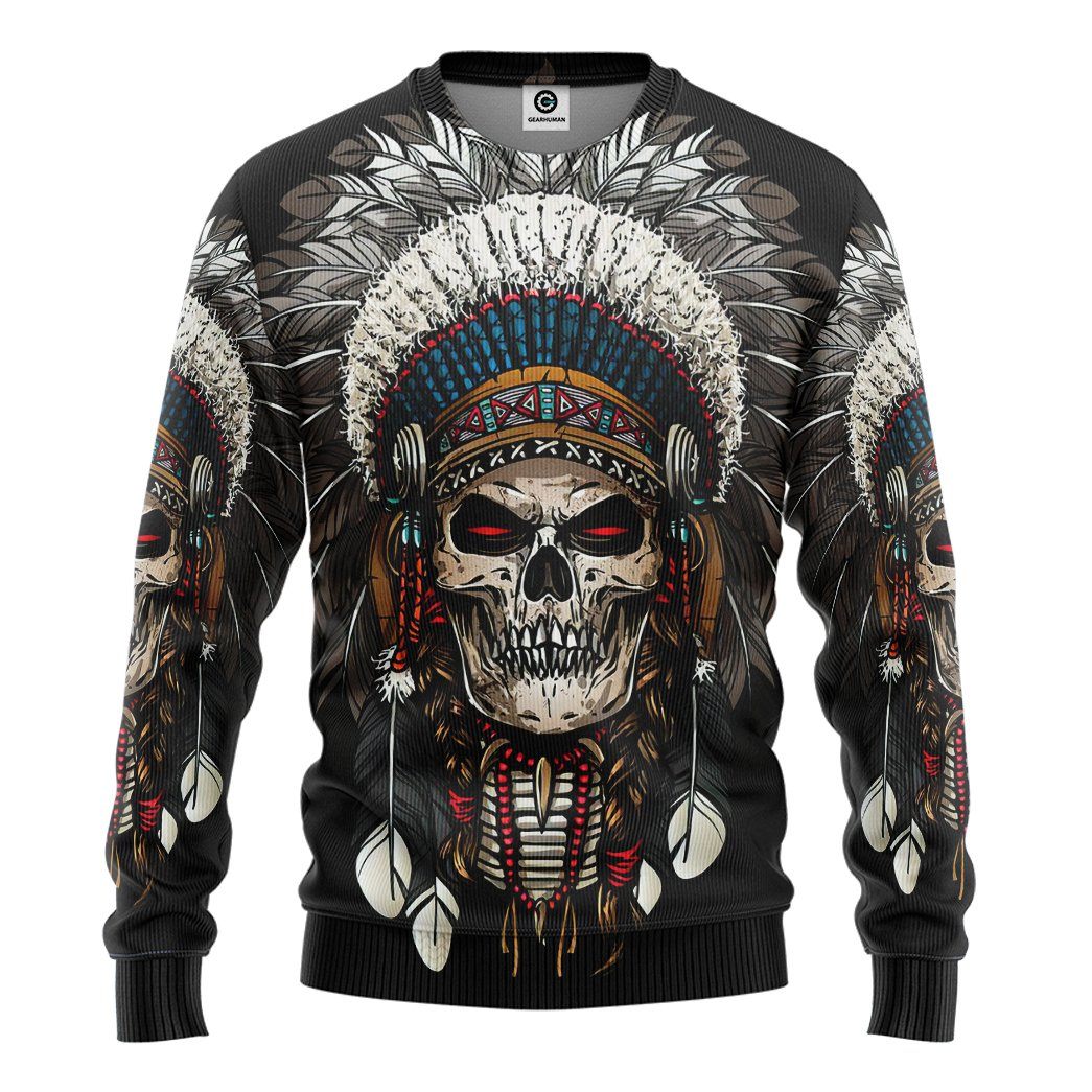 Gearhumans Gearhuman 3D Native American Skull Tshirt Hoodie Apparel GB110310 3D Apparel Long Sleeve S