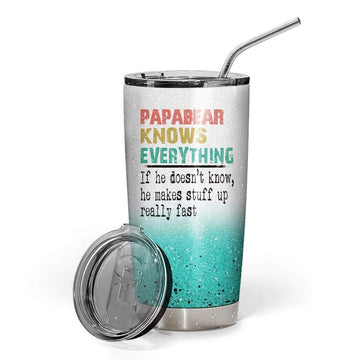 Gearhumans 3D PapaBear Knows Everything Custom Name Design Vacuum Insulated Glitter Tumbler