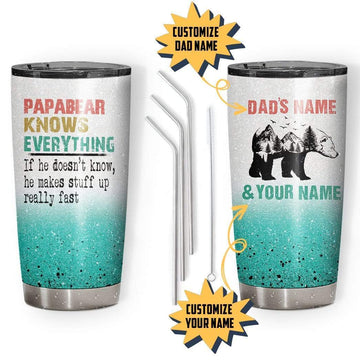 Gearhumans 3D PapaBear Knows Everything Custom Name Design Vacuum Insulated Glitter Tumbler