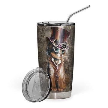 Gearhumans 3D Steampunk Cat Design Vacuum Insulated Glitter Tumbler