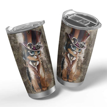 Gearhumans 3D Steampunk Cat Design Vacuum Insulated Glitter Tumbler