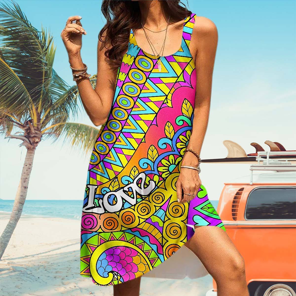 Gerhumans 3D Dont Worry Be Hippie Custom Sleeveless Beach Dress GO21062117 Beach Dress 