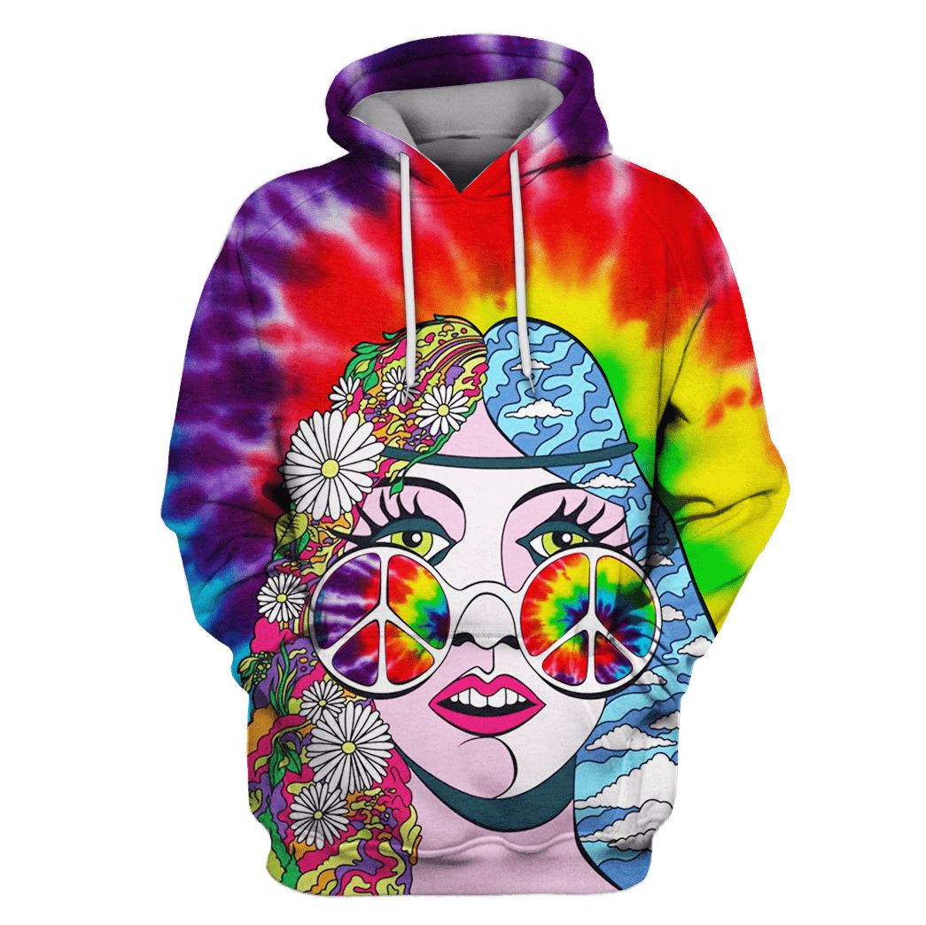 Hippie Beautiful Woman with colored glasses Custom T-shirt - Hoodies Apparel HP110149 3D Custom Fleece Hoodies Hoodie S 