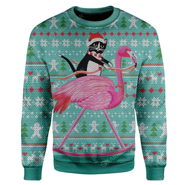 Gearhumans Ugly Christmas Cat And Flamingo Custom Sweater Apparel