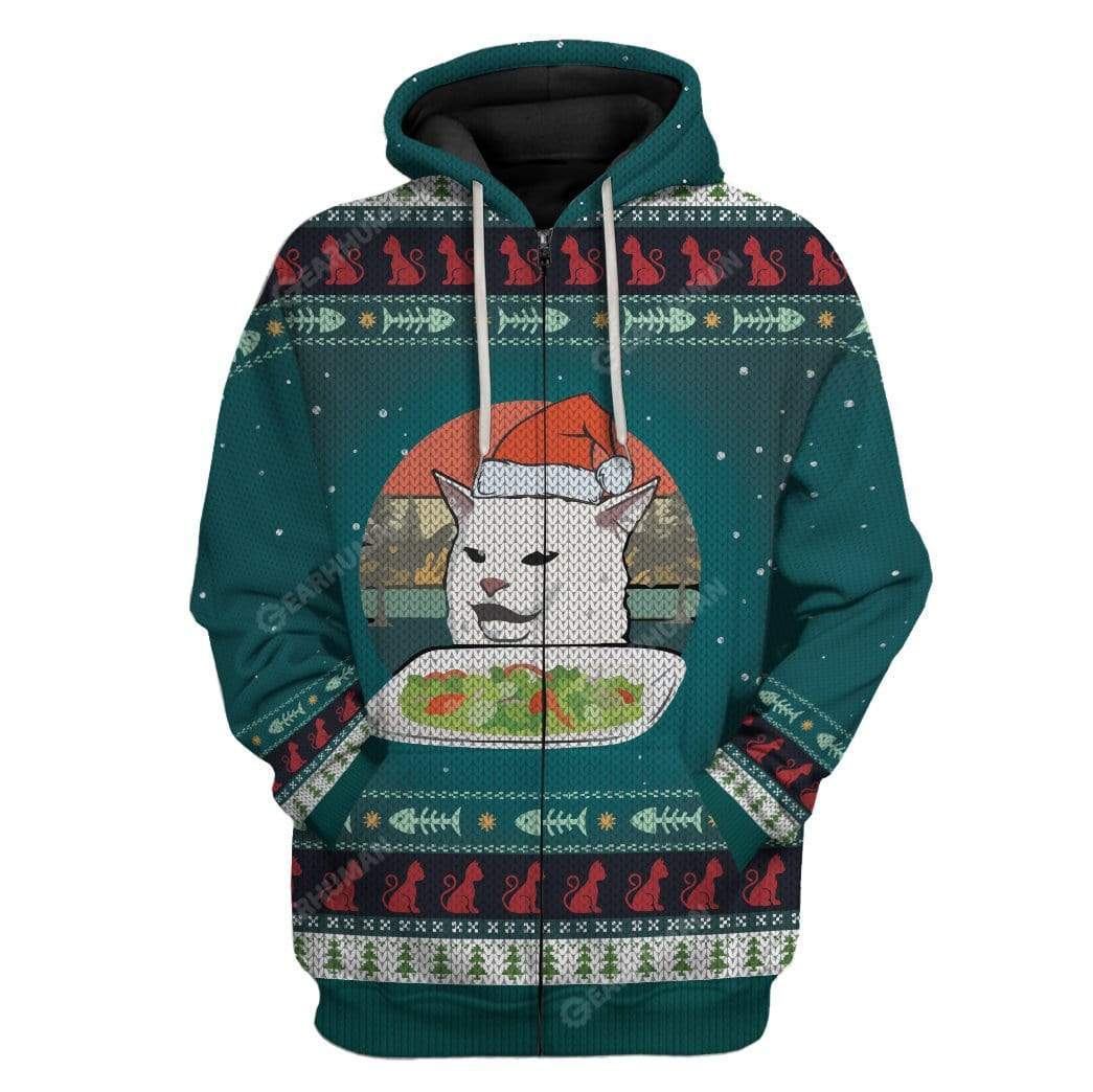 Ugly Christmas Cat Custom T-shirt - Hoodies Apparel HD-AT16111916 3D Custom Fleece Hoodies Zip Hoodie S 
