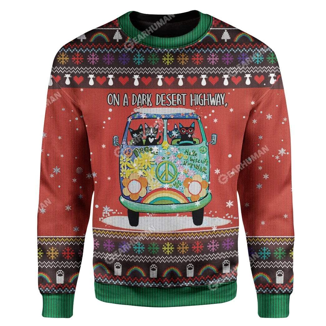 Ugly Christmas Cat On A Dark Desert Highway Sweater Apparel CT-TA2711196 Ugly Christmas Sweater Long Sleeve S 